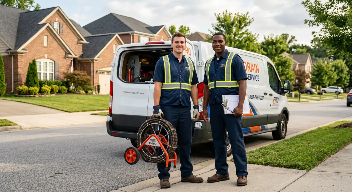 Sewer and drain service team with equipment ready for work in Fairfield