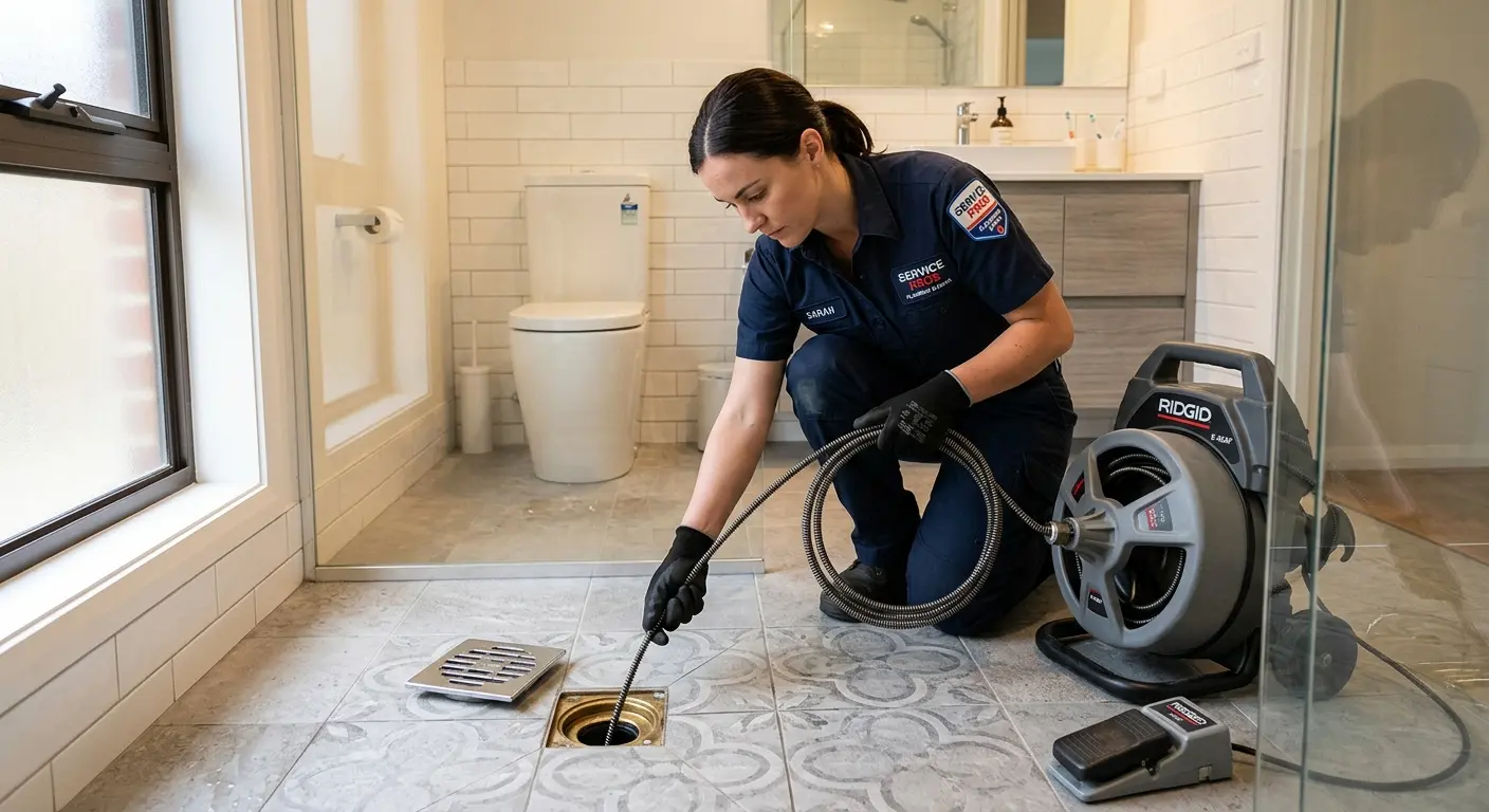 Technician clearing a bathroom floor drain for Sewer Line Replacement in Fairfield